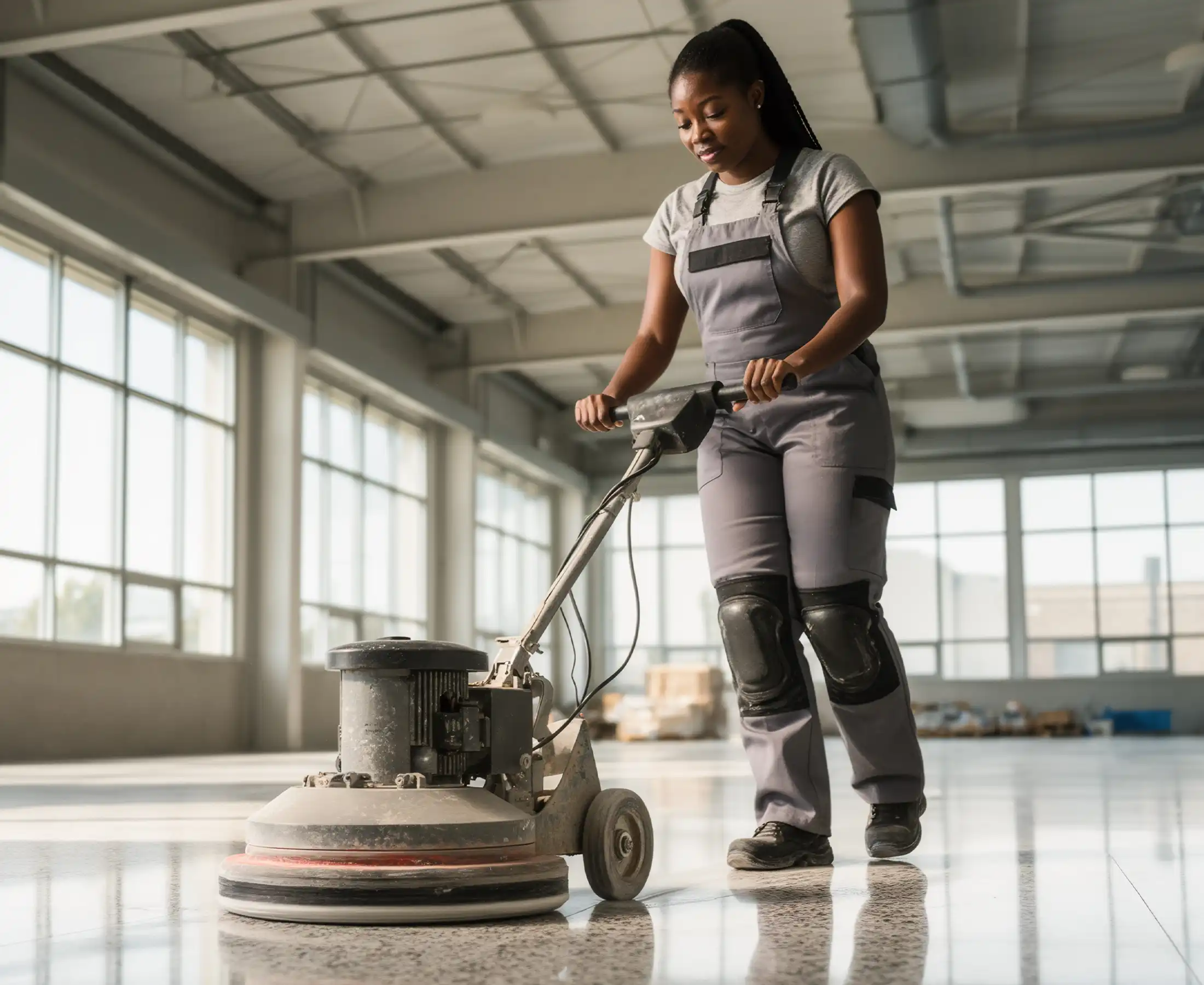 Professional female janitor wearing uniform and knee pads