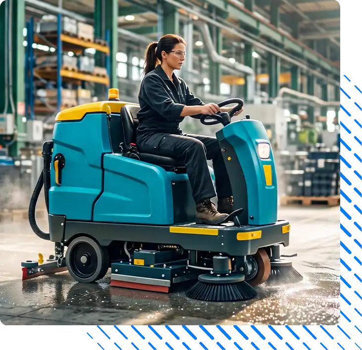 Woman operator driving industrial floor scrubber