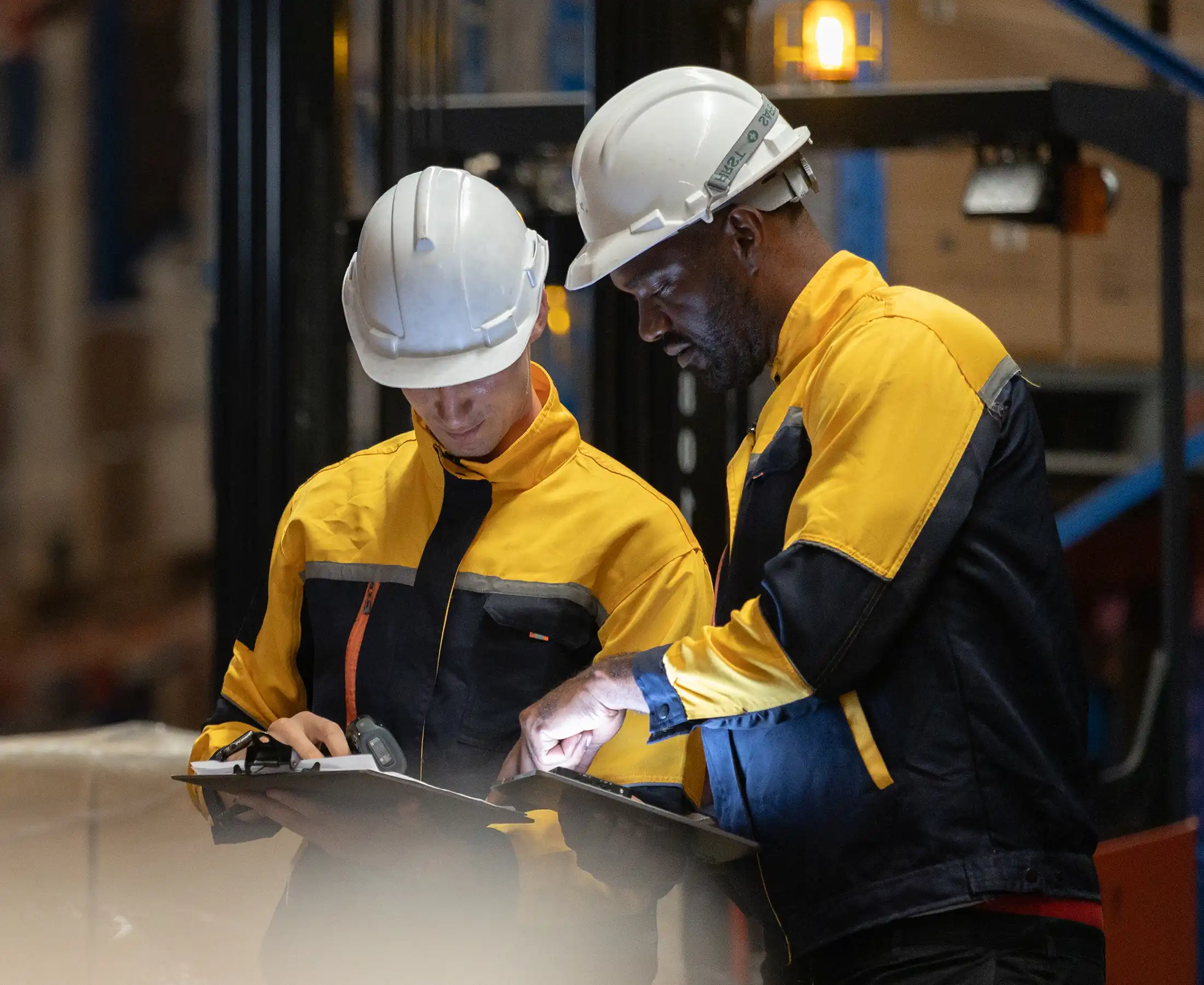 Two warehouse workers wearing safety helmets