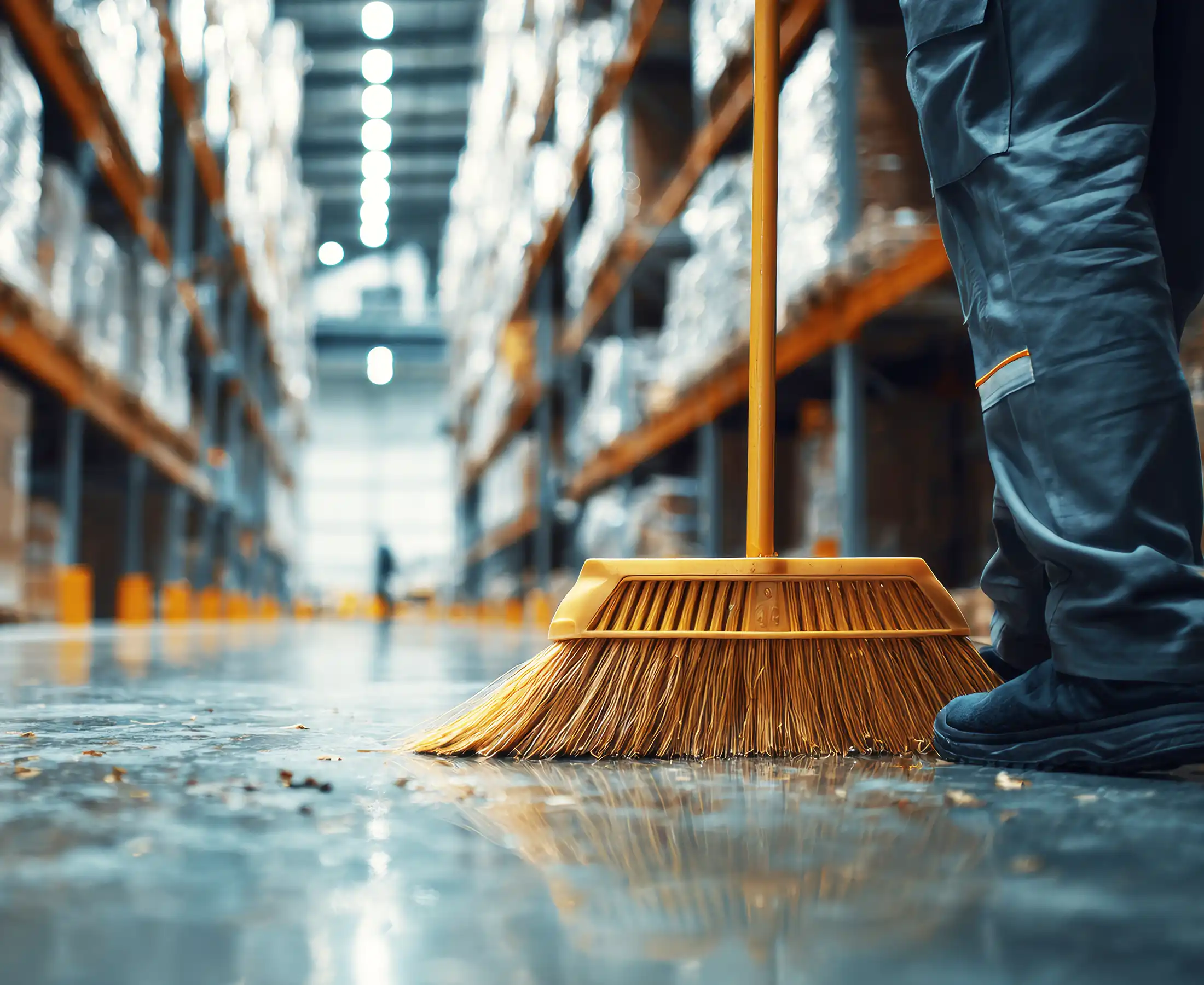 A worker in uniform is sweeping the floor