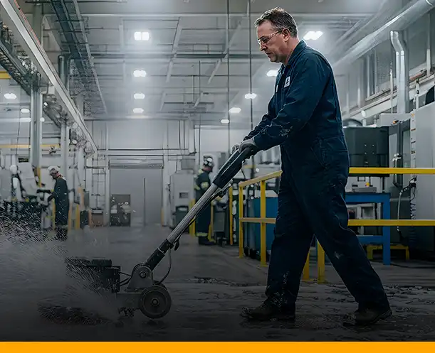 Worker cleaning factory floor with industrial floor