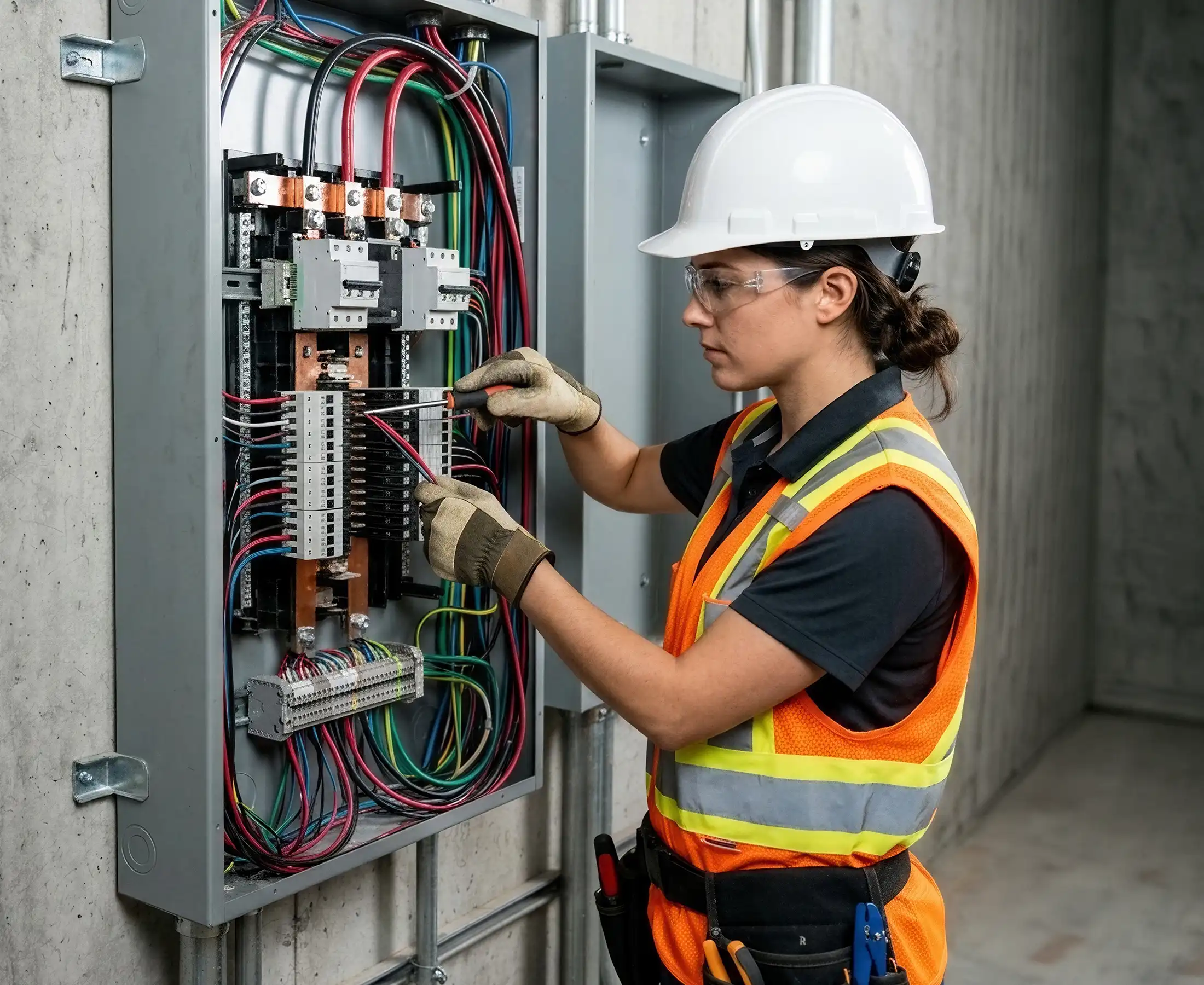 female electrician working on a large distribution panel