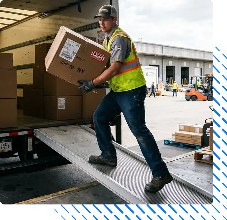 Efficient logistics worker loading cardboard boxes