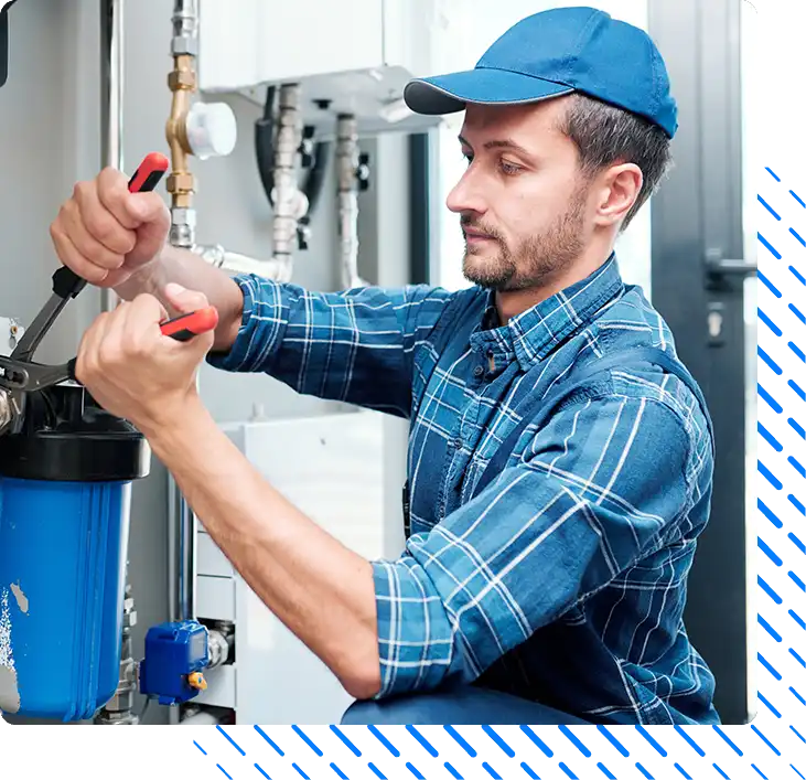 Plumber installing or repairing system of water filtration