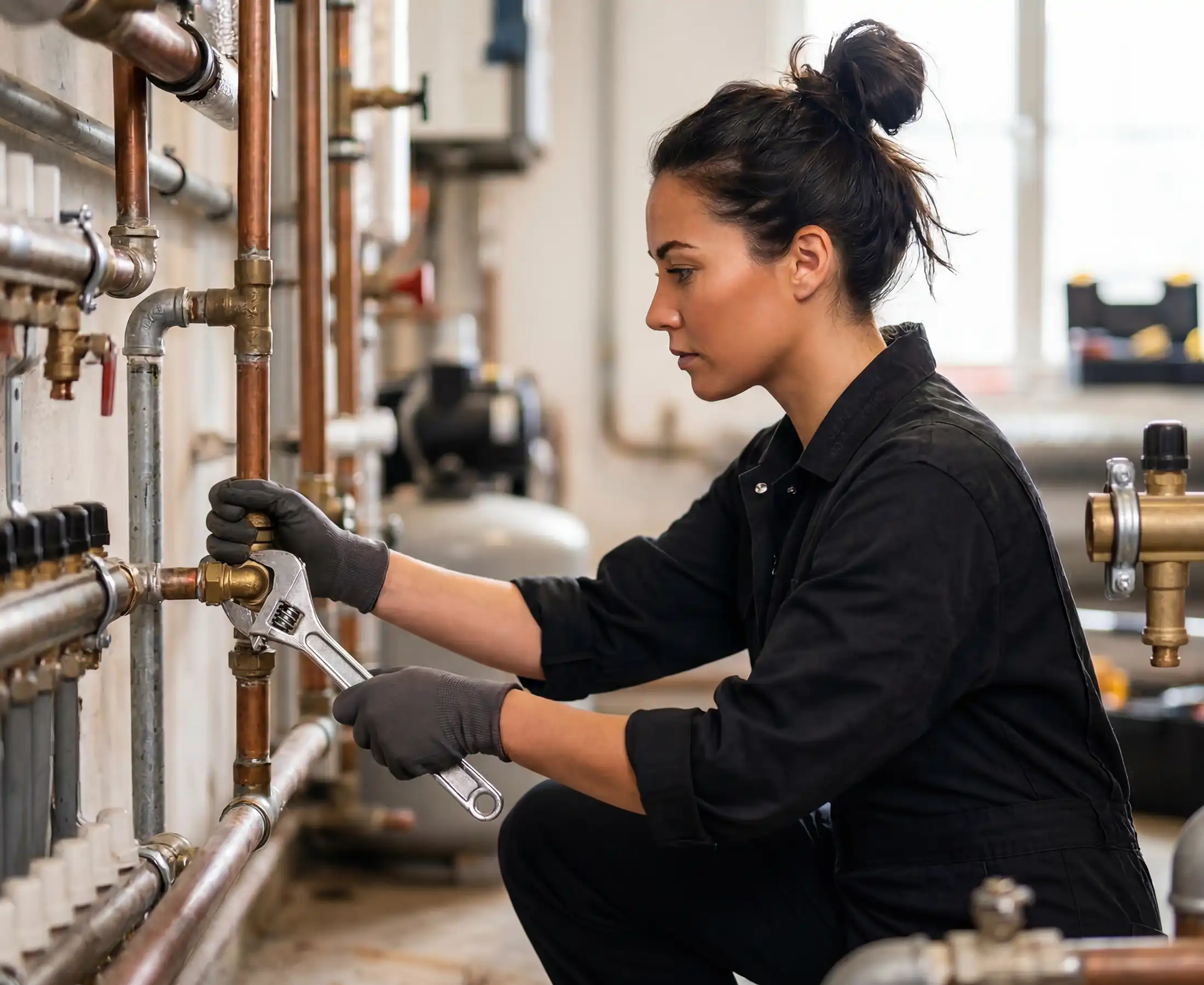Professional female plumber repairing