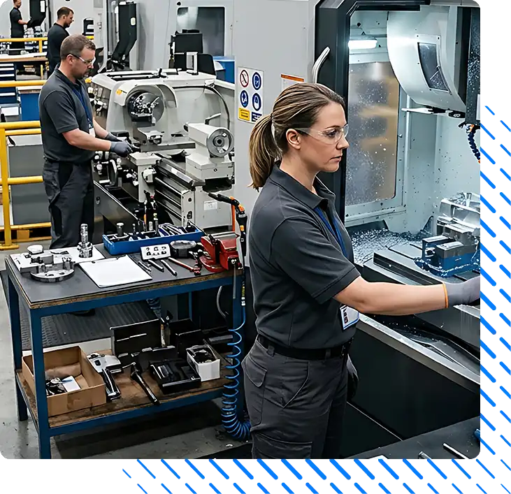 factory workers operating advanced CNC machines