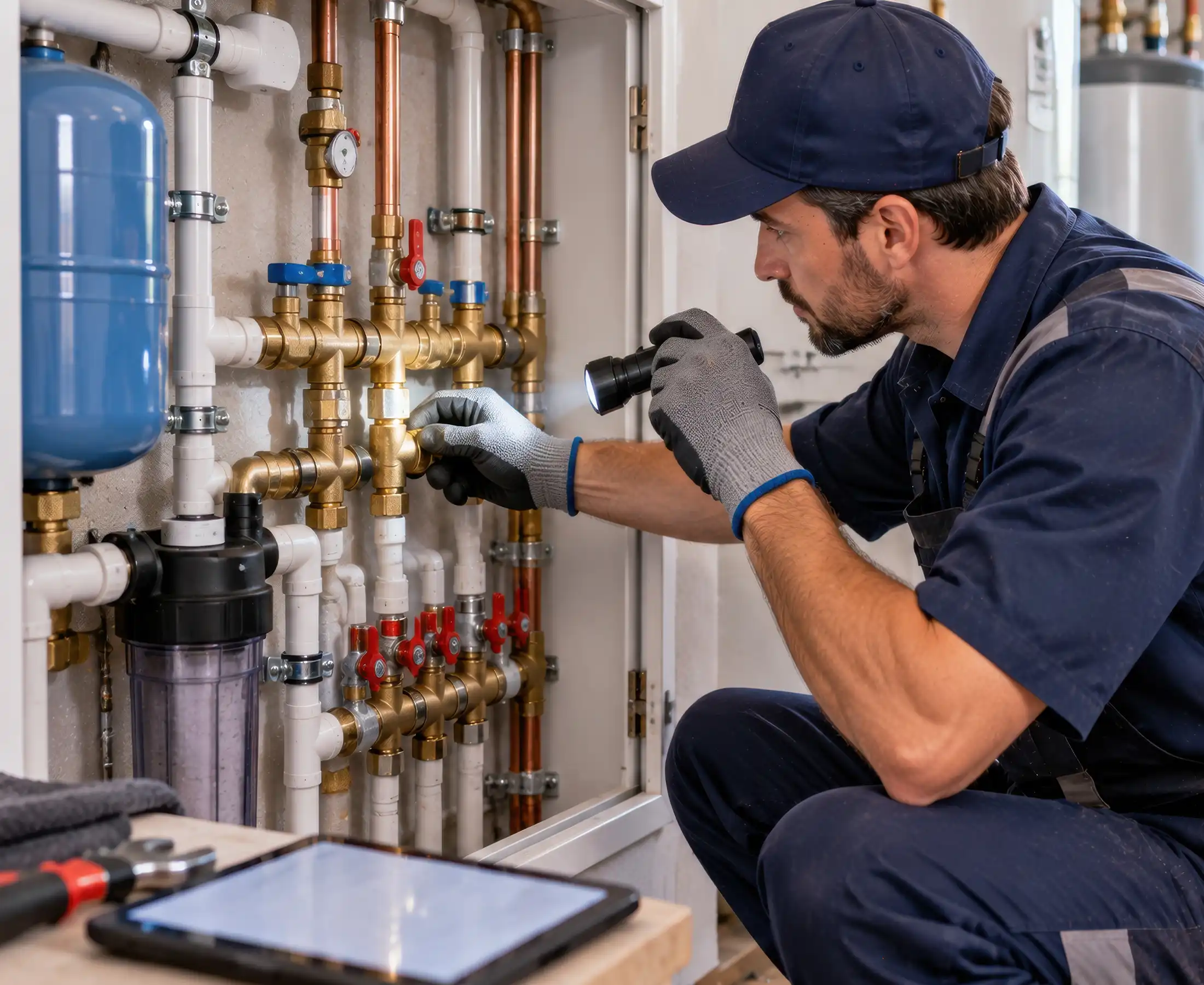 plumber with flashlight inspecting complex plumbing plumber with flashlight inspecting complex plumbing